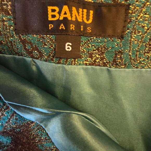 BANU PARIS FLORAL BROCADE SKIRT SIZE 6 TEAL BROWN PRINT BOTTOM RUFFLE HEM - Picture 2 of 8